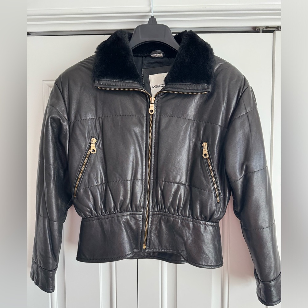 Andrew Marc black leather bomber with fur trim